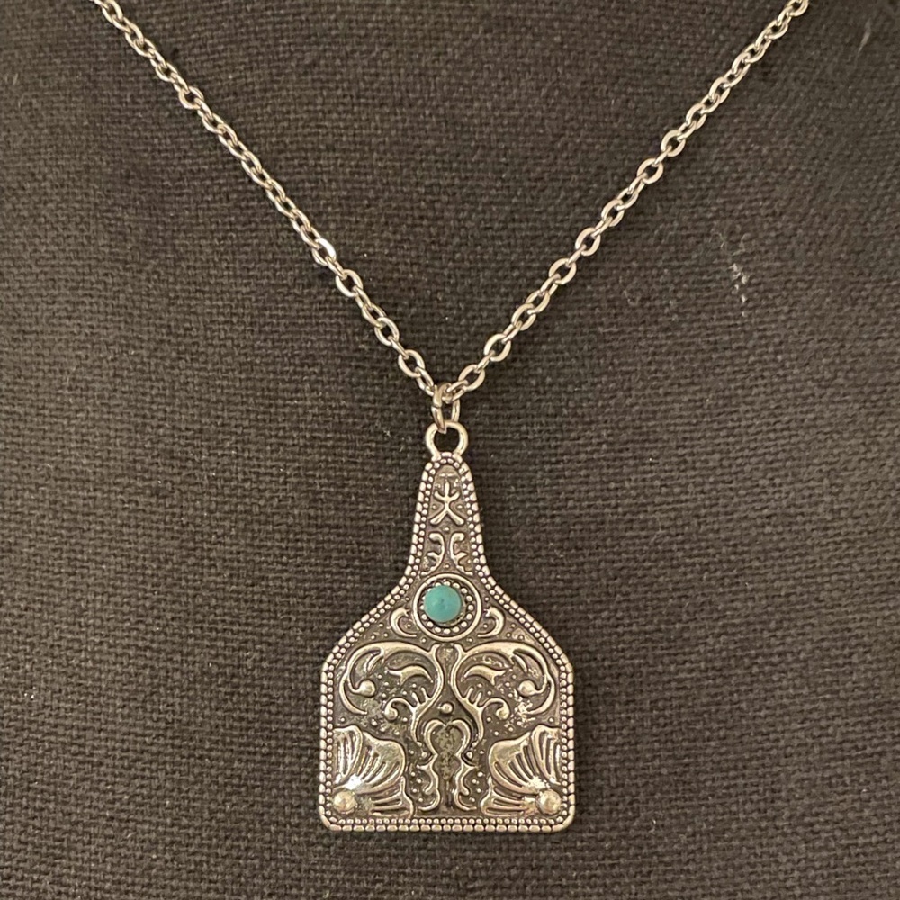 Silver Cow Tag Necklace with Faux Turquoise Stone - Picture 3 of 9